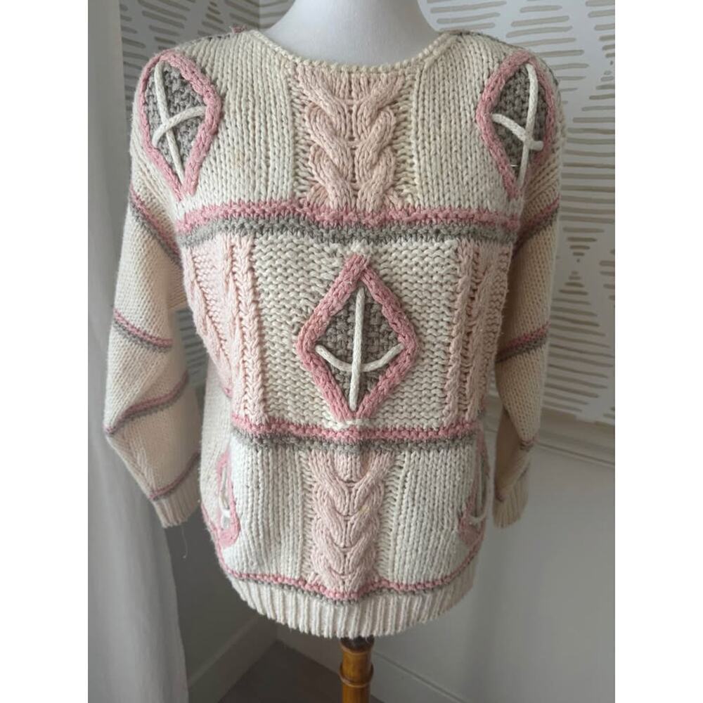 Vintage Le Pull-Over by Irene Leung Small Knit Cream Pink Shoulder Pad Sweater